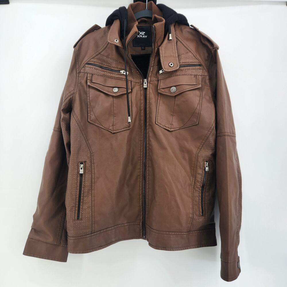 X-RAY Men's XL Grainy PU‎ Hooded Jacket with Faux Shearing Lining